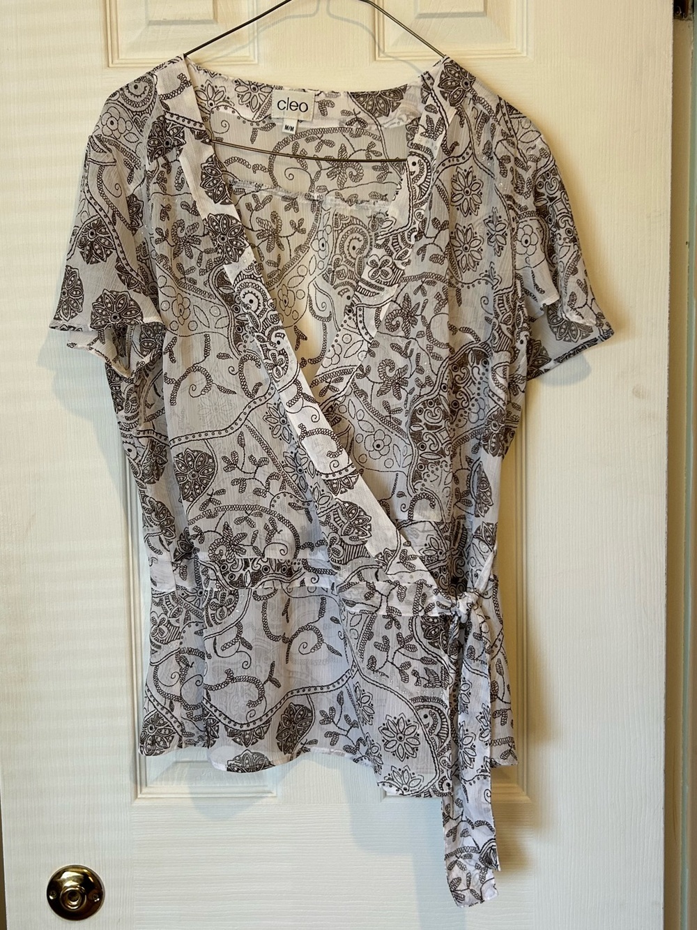 Cleo Sheer White tie-waist Blouse w/ brown Paisley Print & silver details - Med